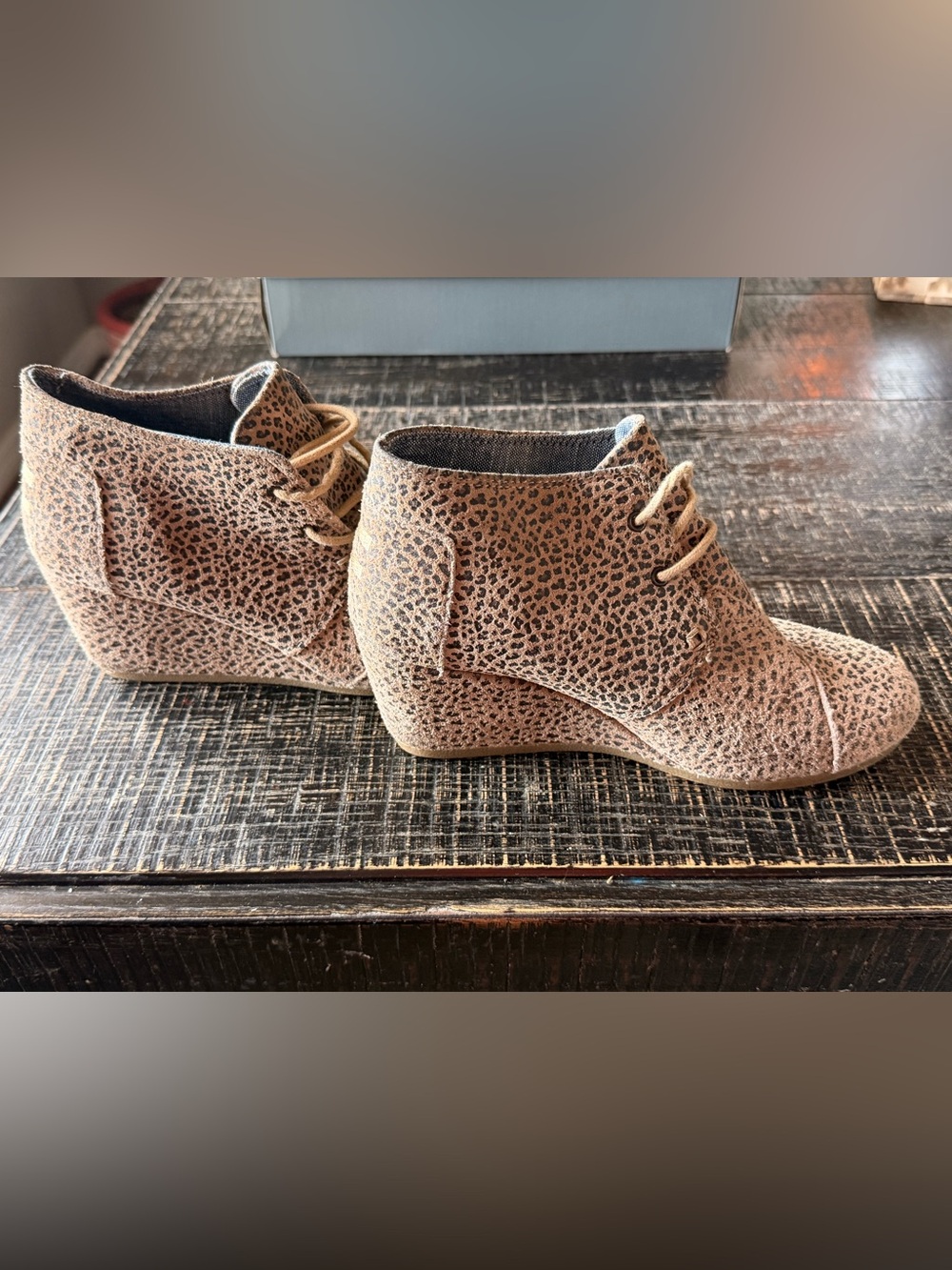 TOMS Women's lace up booty wedges in cheetah print